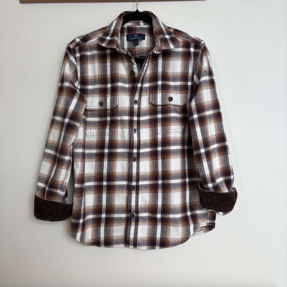 Rainforest Brown Plaid Flannel Overshirt, Thick Cotton Shirt Men’s S, Workwear
